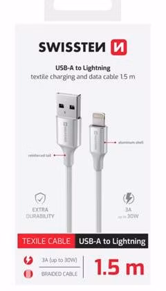 SWISSTEN DATOVÝ KABEL TEXTILE II USB / LIGHTNING 1,5 M BÍLÝ