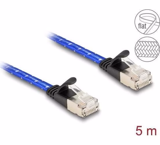 Delock Plochý síťový kabel RJ45, s pleteným opláštěním, Cat.6A, U/FTP, 5 m, modrý