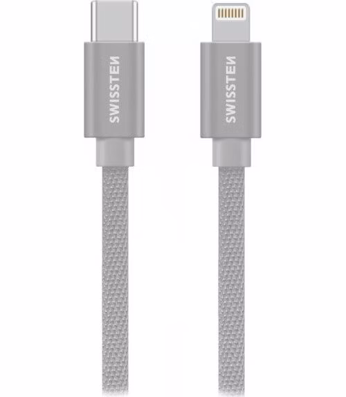 SWISSTEN DATOVÝ KABEL TEXTILE USB-C / LIGHTNING 2,0 M STŘÍBRNÝ