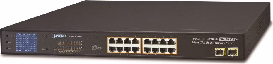 Planet GSW-1820VHP PoE switch, 16x1Gb + 2xSFP 1Gb, LCD, VLAN, extend mód 10Mb-250m, 802.3at 30/300W
