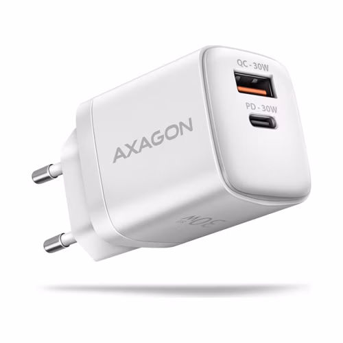 AXAGON ACU-PQ30W, Sil nabíjačka do siete 30W, 2x port (USB-A + USB-C), PD3.0/PPS/QC4+/SFC/AFC/Apple, biela