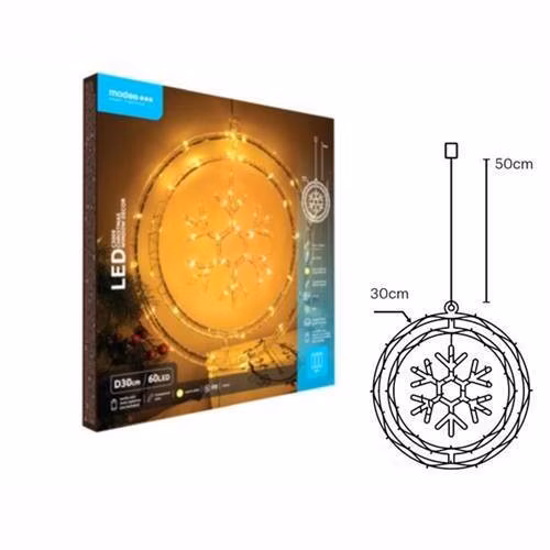 Modee ML-C3009 60LED D30cm vločka v kruhu vánoční dekorace pro okno, 3xAA teplá IP20 (Baterie nejsou součástí balení)