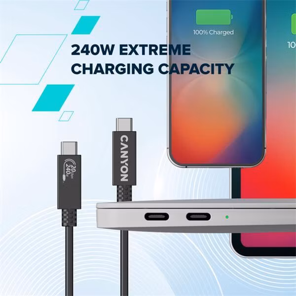 Canyon OnWire 240, 1 m, nabíjací a dátový kábel USB-C / USB-C, USB4, 240 W PD, 20 Gb/s, TPE, čierny