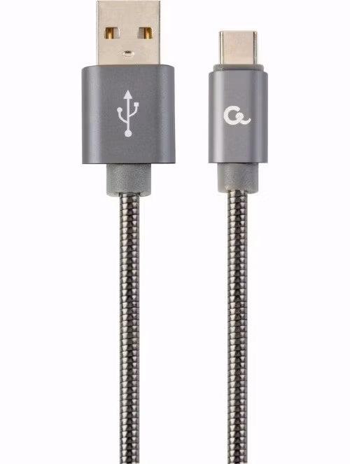 GEMBIRD CABLEXPERT Kabel USB 2.0 AM na Type-C kabel (AM/CM), 2m, metalická spirála, šedý, blister, PREMIUM QUALITY