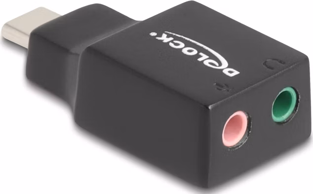 Delock Externí USB Type-C™ zvuková karta se zvukovým adaptérem Plug &amp; Play se 2 x stereofonními konektory 3,5 mm pro PC,