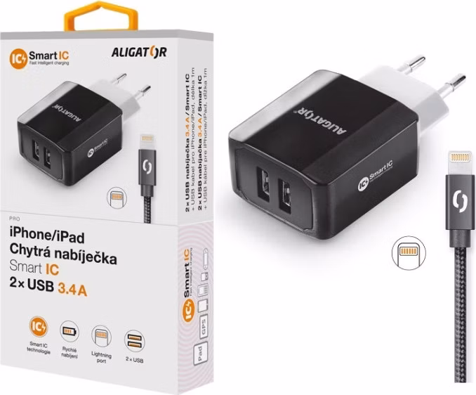 Múdra sieťová nabíjačka ALIGATOR 3.4A, 2xUSB, smart IC, čierna, kábel pre iPhone/iPad 2A