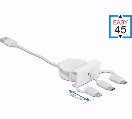 Delock Zatažitelný kabel modulu Easy 45 USB 2.0 typu 3 v 1 z USB Typu-A na USB-C™, Micro USB a Lightning, bílý