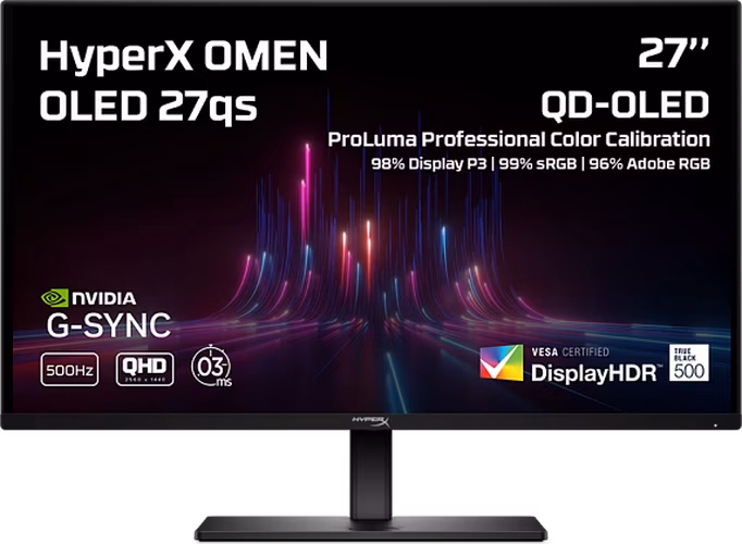 HyperX OMEN 27qs QHD 500Hz 27"/2560x1440 OLED QHD/16:9/300cd/0,03ms/1xDP/2xHDMI/VESA/výškově stavitelný/pivot/black