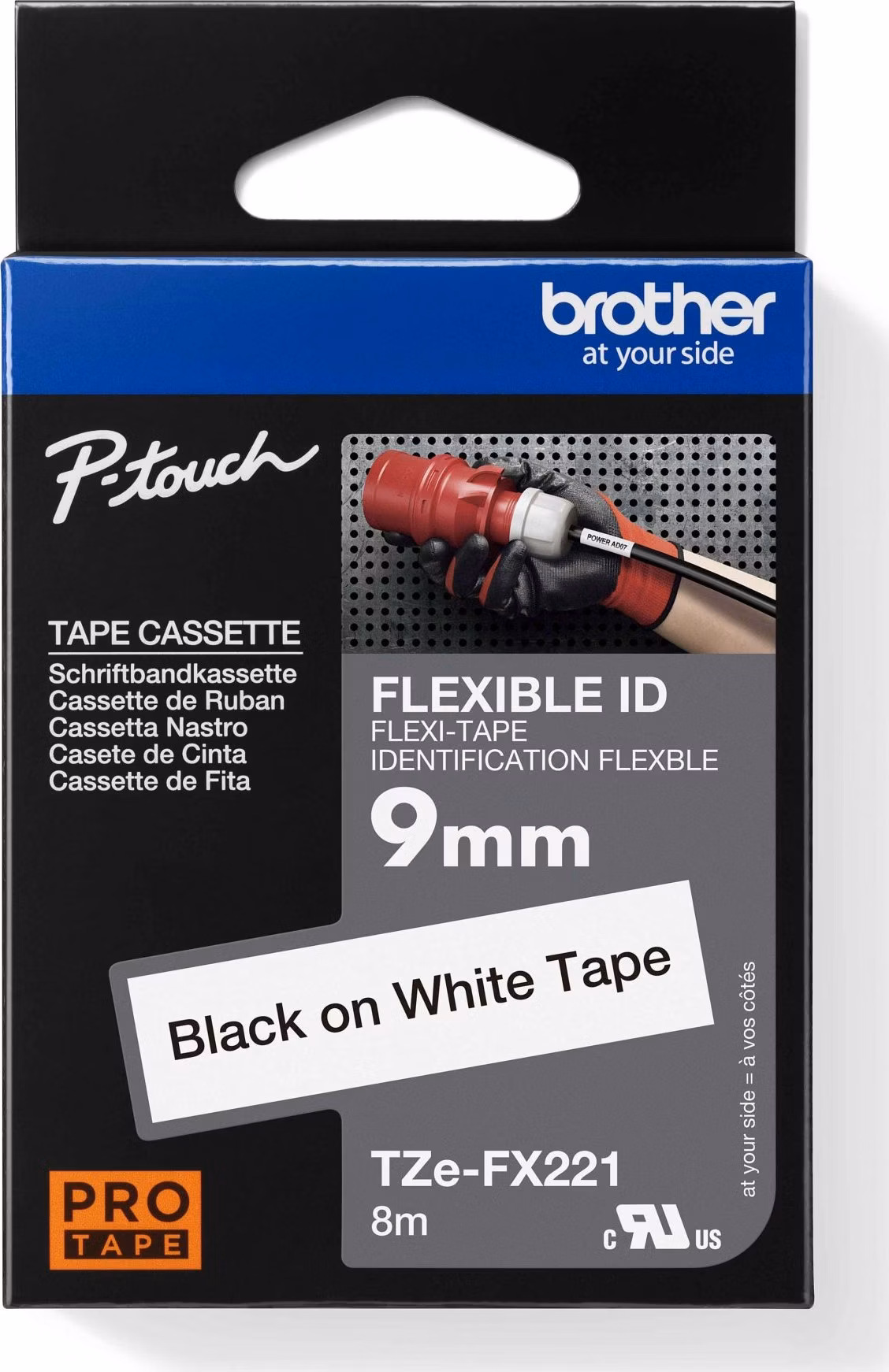BROTHER TZEFX221 - TZ kazeta 9 mm široká, flexibilná páska TZE-FX221, biele/čierne písmo