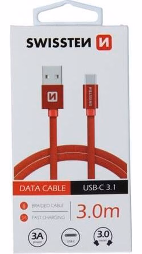 SWISSTEN DATOVÝ KABEL TEXTILE USB / USB-C 3,0 M ČERVENÝ