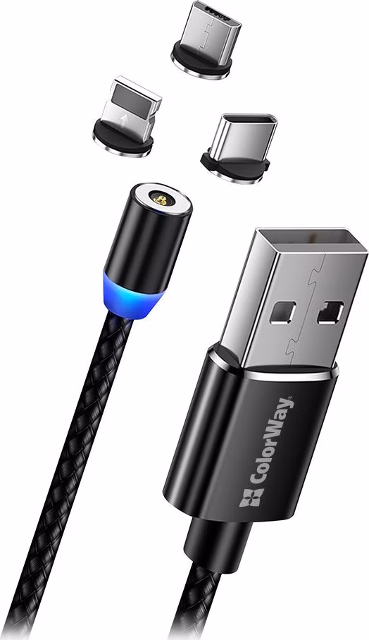 Colorway Nabíjecí Kabel 3v1 Lightning+MicroUSB+USB-C/ Magnetic/ 2.4A/ Nylon/ 1m