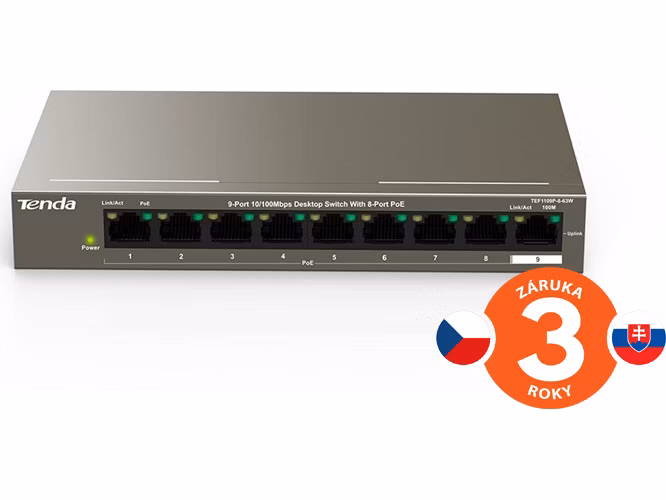 Tenda TEF1109P-8-63W PoE AT switch 8x PoE 802.3af/at, 9x 100Mb/s, PoE+ celkom 58W, fanless