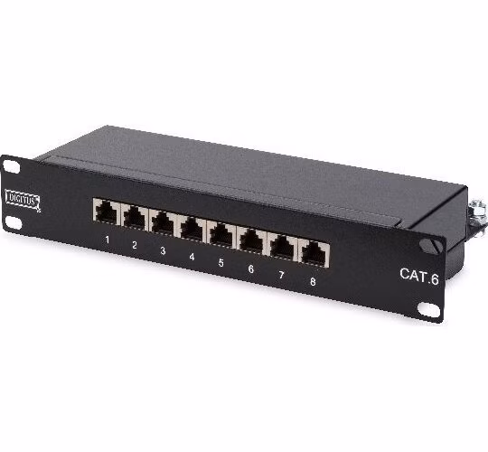 Digitus CAT 6, patch panel třídy E, stíněný, 8 portů RJ45 8P8C, LSA, 1U, 254 mm (10 "), montáž do stojanu, černá
