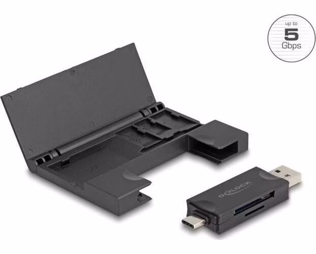 Delock Čtečka karet USB 5 Gbps, USB Type-C™ / Typ-A na paměťové karty SD a Micro SD s praktickým pouzdrem na paměťové ka