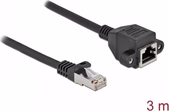 Delock Prodlužovací síťový kabel, ze zástrčky S/FTP RJ45 na zásuvku RJ45, Cat.6A, délka 3 m, černý
