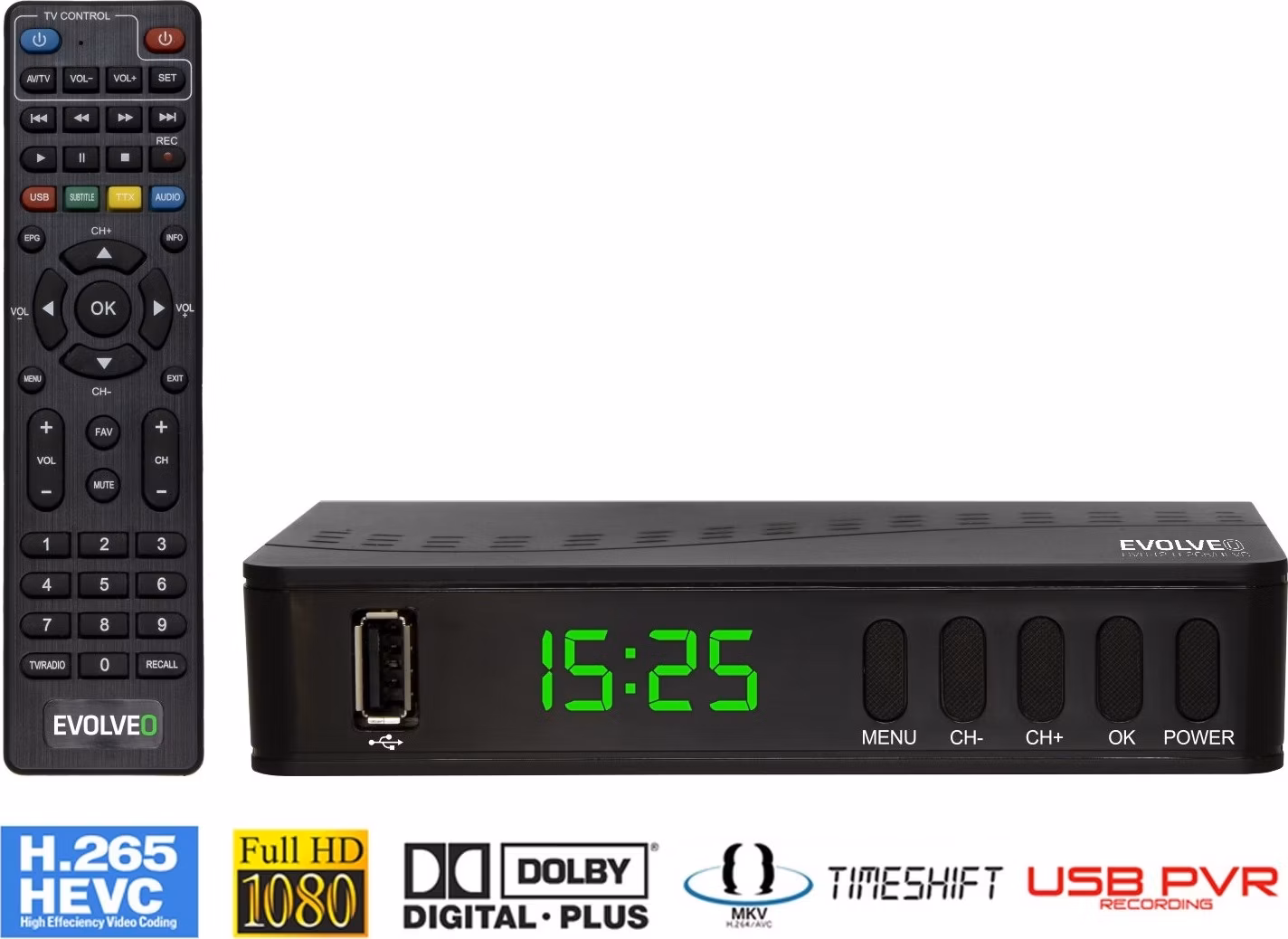 EVOLVEO Alpha T2, HD DVB-T2 H.265/HEVC multimediální rekordér, HDMI, SCART, USB