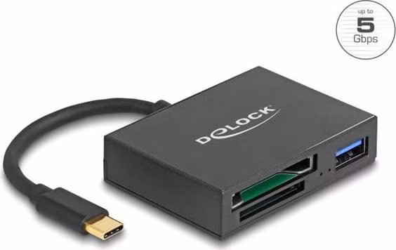 Delock Čtečka karet USB-C™ na paměťové karty XQD a SD + port rozhraní USB 5 Gbps Typ-A