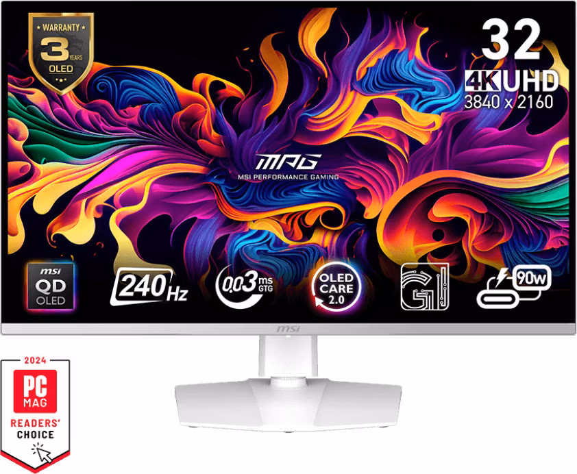 MSI Gaming monitor MPG 321URXW QD-OLED, 31,5" QD-OLED/4K 3840x2160/240Hz/0,03ms/DP/2xHDMI/USB-A,B,C/Výšk. nast./Pivot/bílá