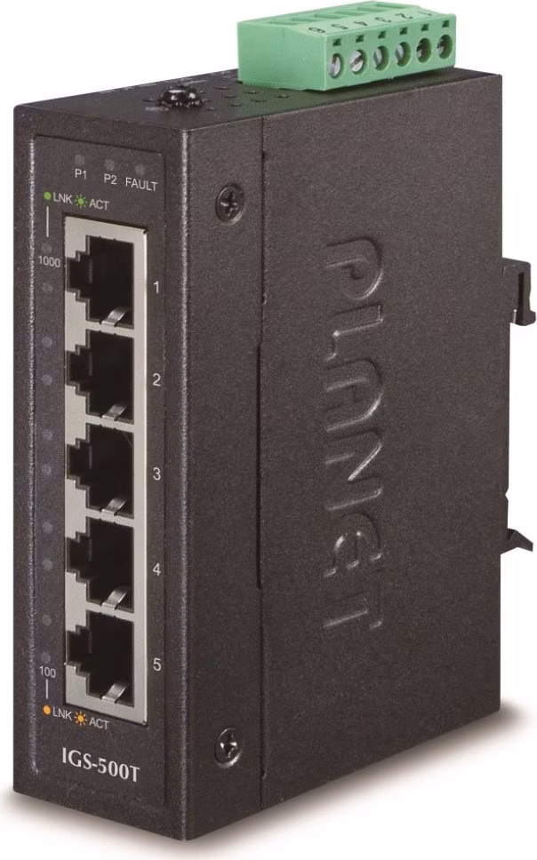 Planet IGS-500T, 5x 1000Base-T, DIN, IP30, rozšířený teplotní rozsah -40 až +75C, ESD+EFT do 6kV