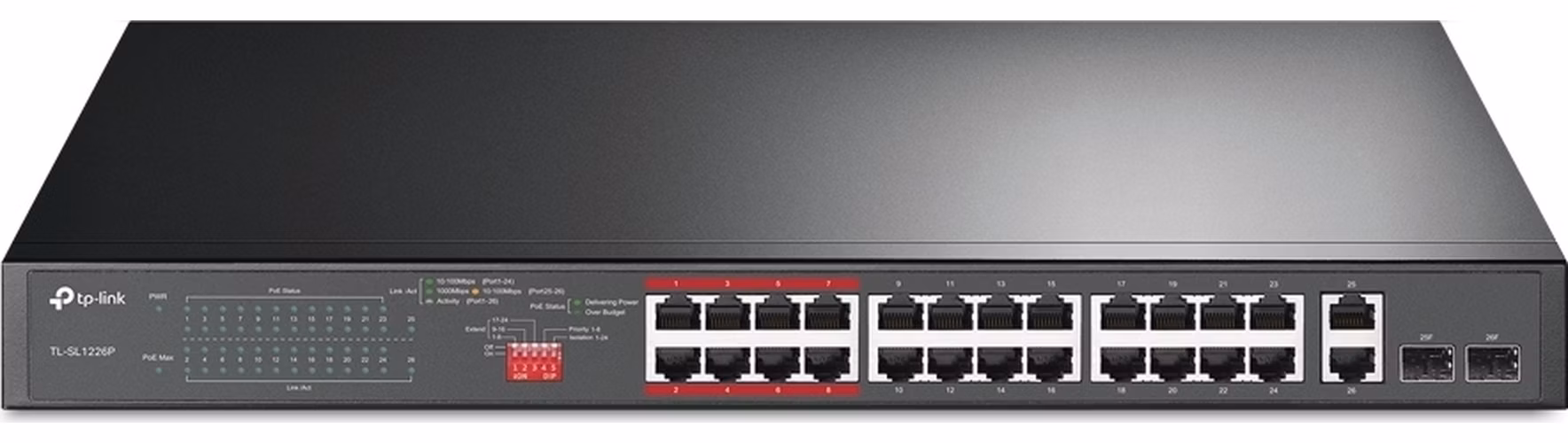 24-Port 10/100 Mbps + 2-Port Gigabit Rackmount Switch with 24-Port PoE+ PORT: 24× 10/100 Mbps PoE+ Ports, 2× Gigabit No