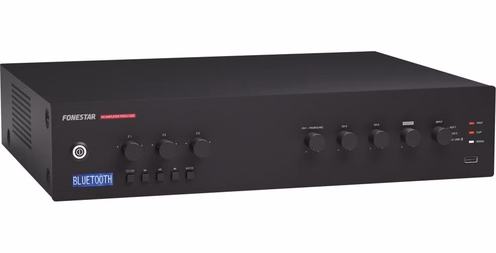 Fonestar PROX-120Z 3-zónová 100V ústředna 120W, BT/USB/FM, 3× Mic/Line + Phantom, chlazení