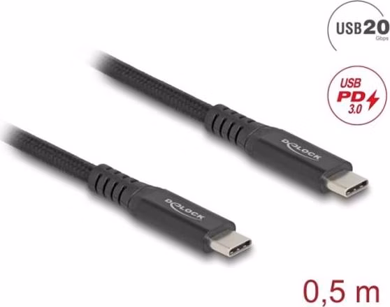 Delock USB 20 Gbps kabel USB Type-C™ samec na samec PD 3.0 100 W E-Marker 0,5 m černý kov