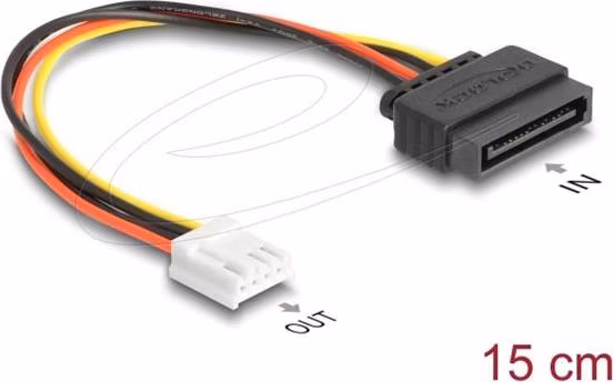 Delock Napájecí kabel SATA, z 15 pinové zástrčky na 1 x 4 pinovou zásuvku disketové mechaniky floppy, 15 cm