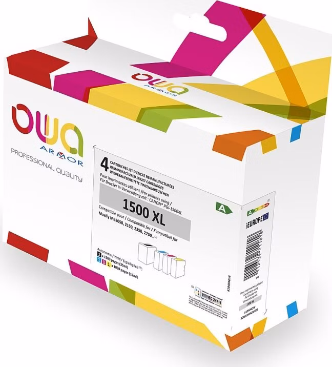 OWA Armor kazeta pre CANON, PACK4 REMAN. PGI-1500XL BCMY, 35ml/3x12ml/1200p/3x1030p, čierna/čierna+1C+1M+1Y