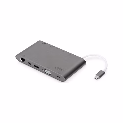 DIGITUS Univerzální dokovací stanice, USB-C, 11 portů, šedá 3x video, 1x USB-C, 3x USB3.0, RJ45, 2x čtečka karet