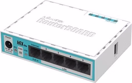 MikroTik RouterBOARD RB750r2, hEX lite, ROS L4, 5xLAN, montážní krabice, napájecí adaptér