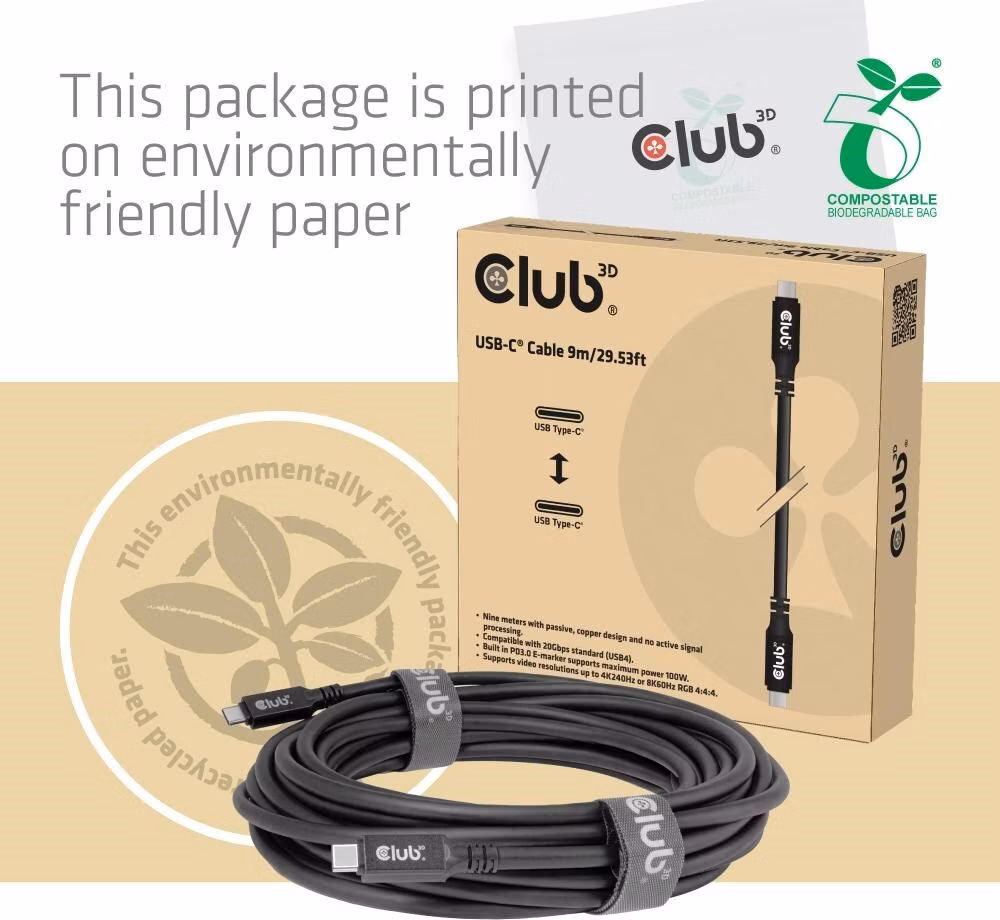 Club3D Kabel USB-C, 60W, 9m, 8k60Hz, 20Gbps, černá
