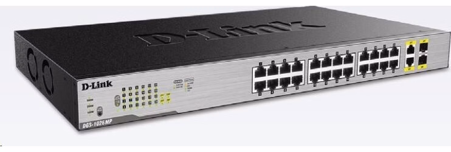 D-Link DGS-1026MP 26-portový gigabitový PoE switch, 24x gigabitový RJ45 PoE, 2x gigabitový RJ45/SFP, rozpočet PoE 370W