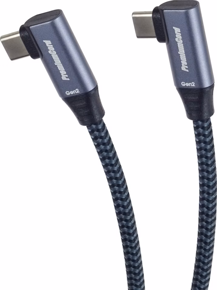 PremiumCord USB-C 2x zahnutý kabel ( USB 3.2 GEN 2x2, 5A, 100W, 20Gbit/s ) bavlněný oplet, délka: 1m
