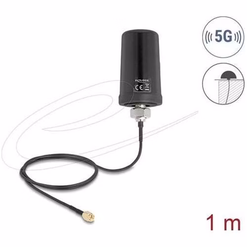 Delock 5G LTE GNSS WiFi 6 Anténa SMA samec 1,1 - 4,0 dBi všesměrová, připoj. kabel ULA100 1 m střešní montáž venkovní