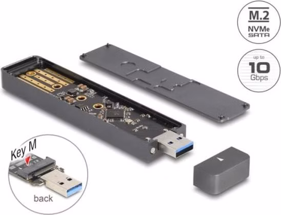 Delock Externí pouzdro na SSD M.2 NVME PCIe nebo SSD SATA se zástrčkovým konektorem USB Typu-A 10 Gbps