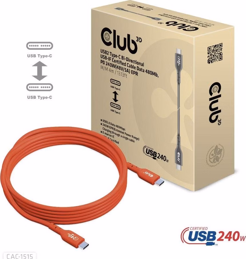 Club3D kabel USB-C, Oboustranný USB-IF Certifikovaný data kabel, PD 240W(48V/5A) EPR M/M 4m