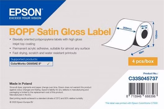 EPSON BOPP Satin Gloss Label - Continuous Roll: 203mm x 68m