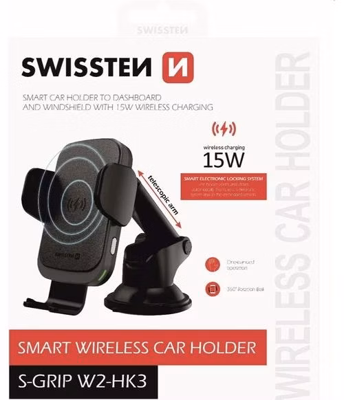 SWISSTEN SMART DRŽÁK DO AUTA S BEZDRÁTOVÝM NABÍJENÍM 15W S-GRIP W2-HK3