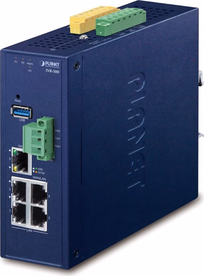 Planet IVR-300 Enterprise router/FW VPN/VLAN/QoS/HA/AP kontroler, 2x WAN (SD-WAN), 3x LAN, IP30, -40/75st, 9-54VDC
