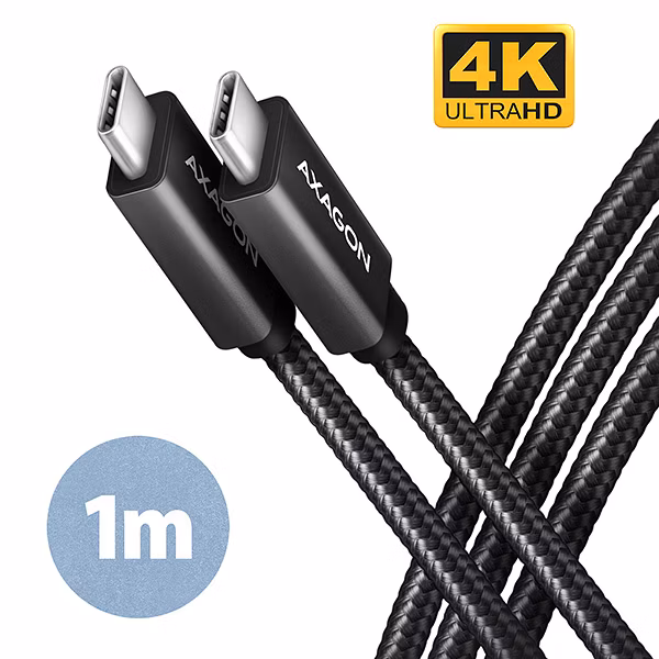 AXAGON datový a nabíjecí kabel USB-C na USB-C / USB 3.2 Gen2 / PD 100W 5A / 4k HD / ALU / oplet / 1,0 m / černý