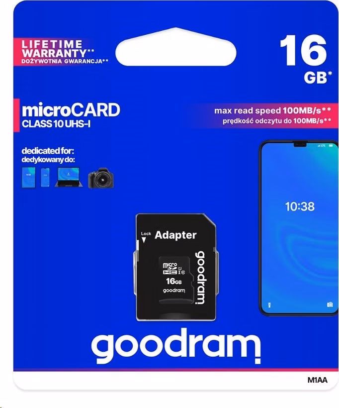 Karta GOODRAM MicroSDHC 16GB M1AA, UHS-I Class 10, U1 + adaptér