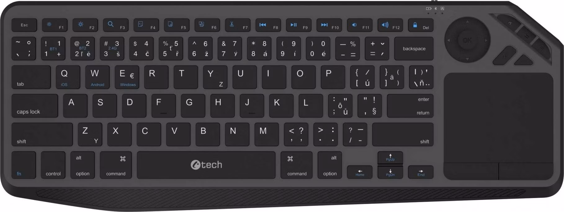 C-TECH klávesnice WLTK-02, Dual mode, BT5.0 + 2,4GHzb, bezdrátová s touchpadem, černá
