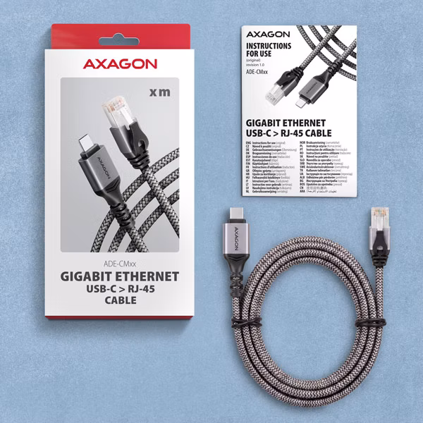 AXAGON ADE-CM20, USB-C Gigabit Ethernet adaptér s integrovaným sieťovým CAT6 káblom RJ-45 (2 m)