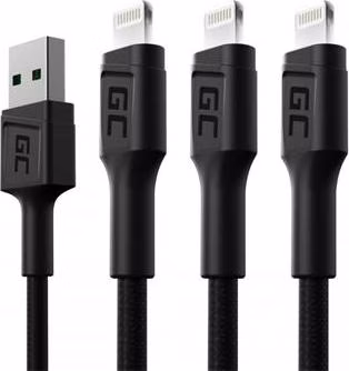 Green Cell Set 3x Cable GC Ray Lightning 200cm  with white LED, quick charging Apple 2.4A