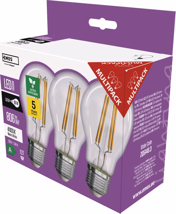 LED žiarovka A60/E27/3,8W/60W/806lm/neutrálna biela,3ks