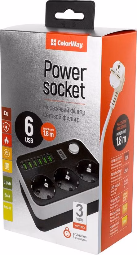 COLORWAY Prodlužovací napájecí přívod/ 3x Schuko/ 6x USB 5V / kabel 1,8m