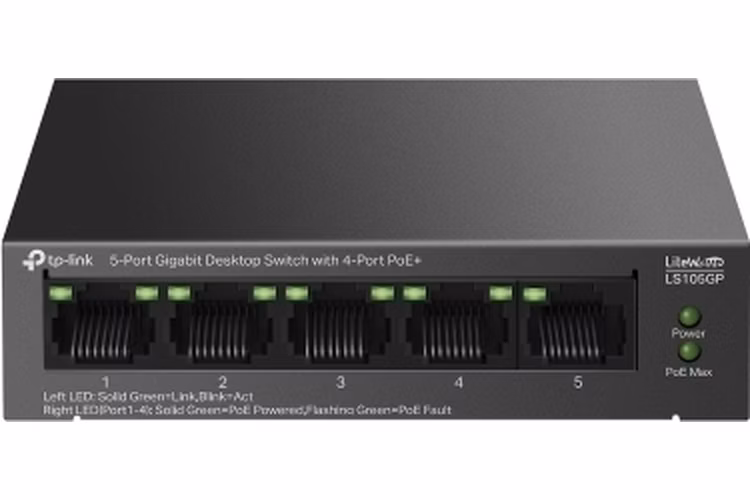 5-Port Gigabit Desktop Switch with 4-Port PoE+ PORT: 4× Gigabit PoE+ Ports, 1× Gigabit Non-PoE Port SPEC: 802.3af/at,