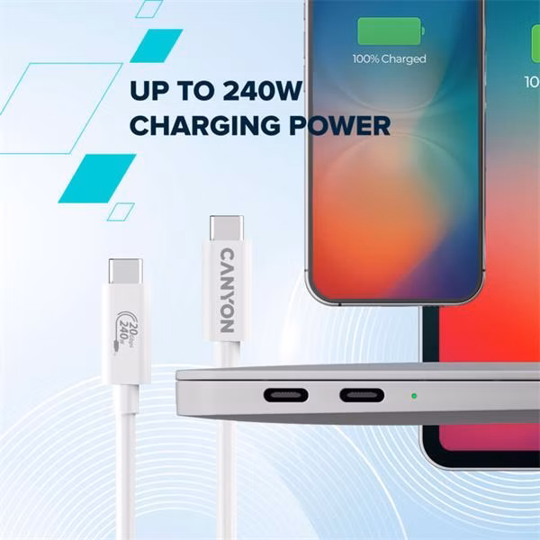 Canyon OnWire 240, 2 m, nabíjací a dátový kábel USB-C / USB-C, USB4, 240 W PD, 20 Gb/s, TPE, biely