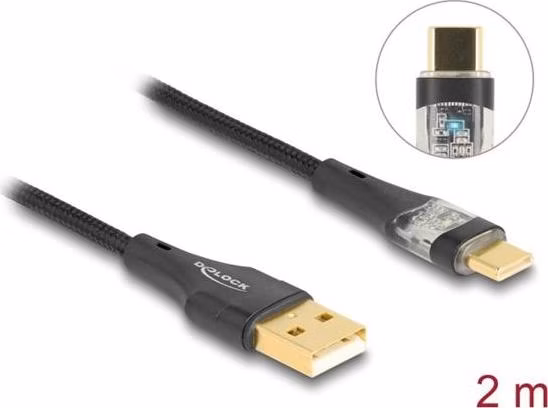 Delock Kabel ze zástrčky USB 2.0 Typ-A na zástrčku USB Type-C™, s funkcí rychlého nabíjení 60 W, průhledný, 2 m