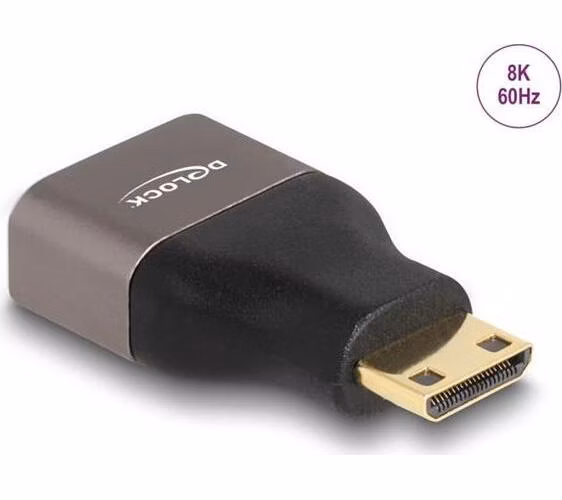 Delock Adaptér HDMI, ze Mini-C zástrčky na A zásuvku, 8K 60 Hz, šedá kovová